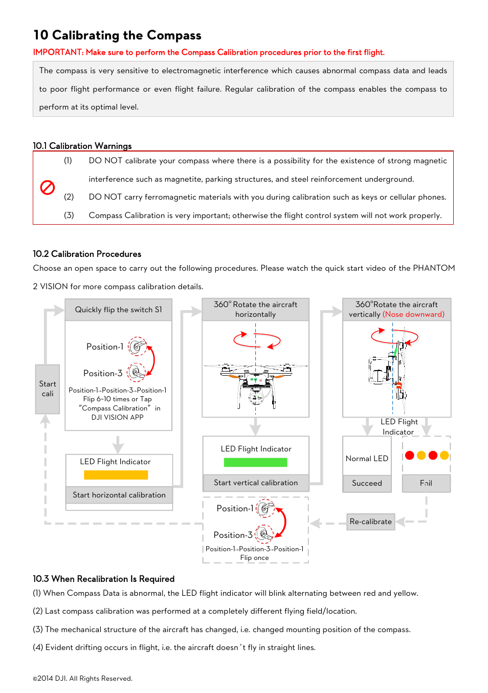 10 calibrating the compass, 1 calibration warnings, 2 calibration procedures | 3 when recalibration is required, Alibration, Arnings, Rocedures, Ecalibration, Equired, Calibrating the | DJI Phantom 2 Vision User Manual User Manual | Page 30 / 71