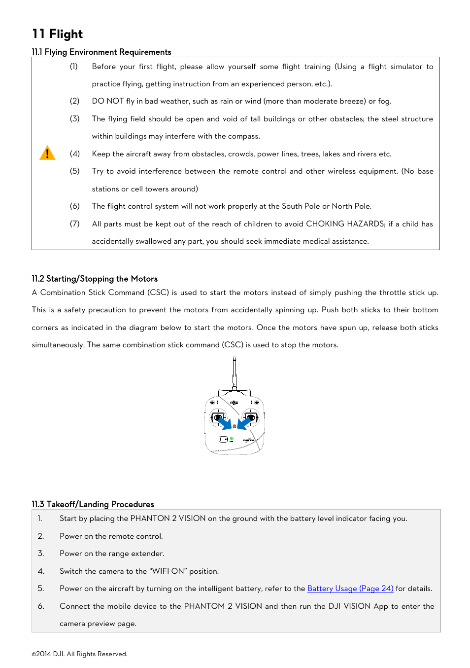 11 flight, 1 flying environment requirements, 2 starting/stopping the motors | 3 takeoff/landing procedures, Lying, Nvironment, Equirements, Tarting, Topping the, Otors | DJI Phantom 2 Vision User Manual User Manual | Page 31 / 71