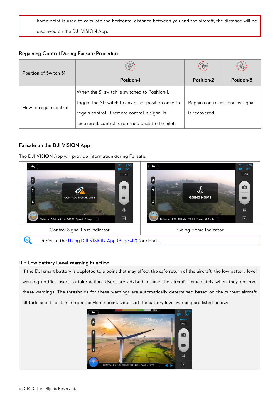 Regaining control during failsafe procedure, Failsafe on the dji vision app, 5 low battery level warning function | Attery, Evel, Arning, Unction | DJI Phantom 2 Vision User Manual User Manual | Page 34 / 71