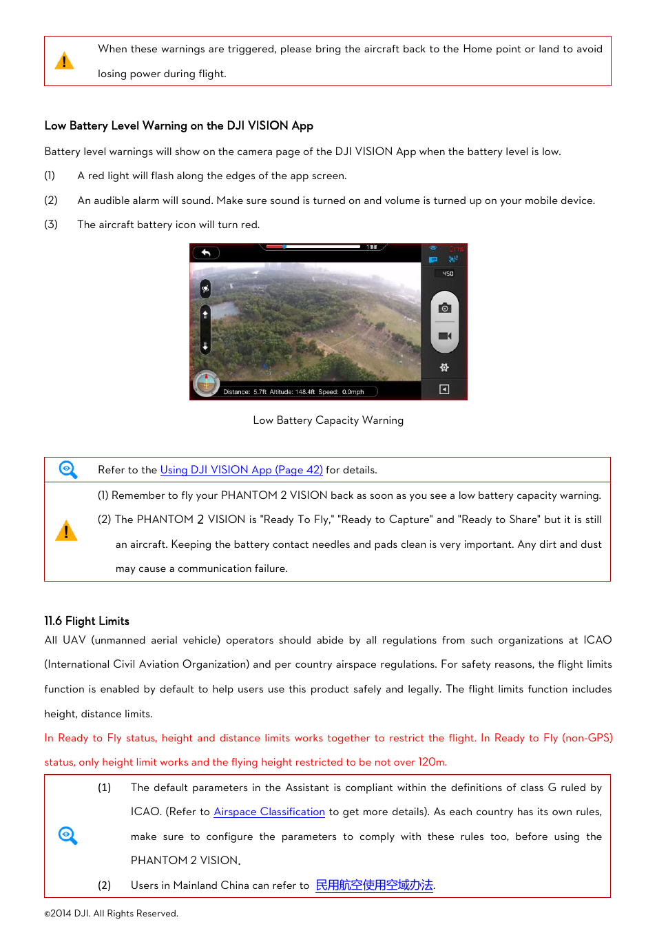 Low battery level warning on the dji vision app, 6 flight limits, Light | Imits | DJI Phantom 2 Vision User Manual User Manual | Page 36 / 71
