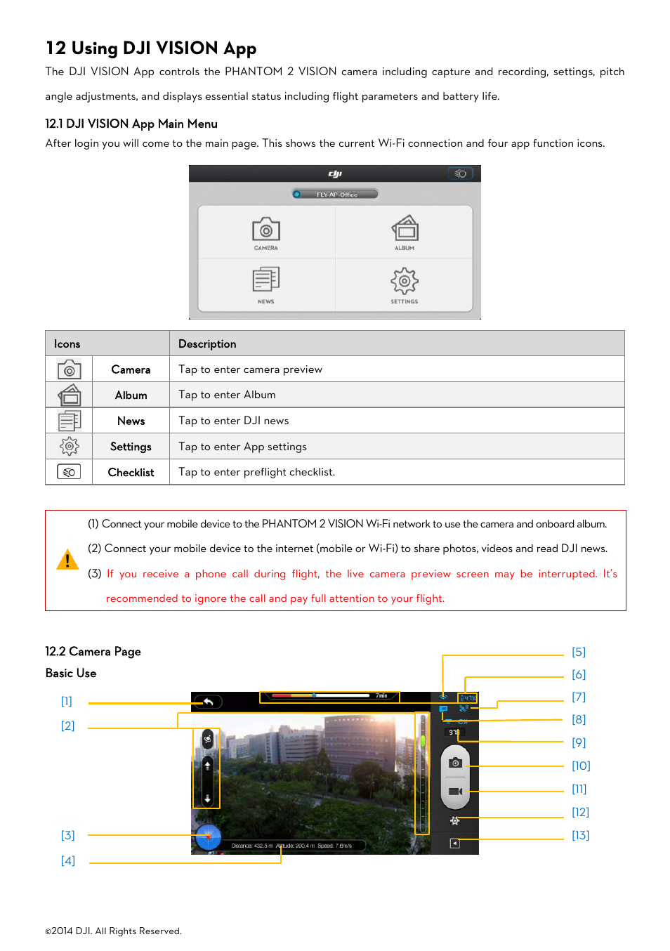 12 using dji vision app, 1 dji vision app main menu, Basic use | Vision, Amera, Using dji vision | DJI Phantom 2 Vision User Manual User Manual | Page 42 / 71