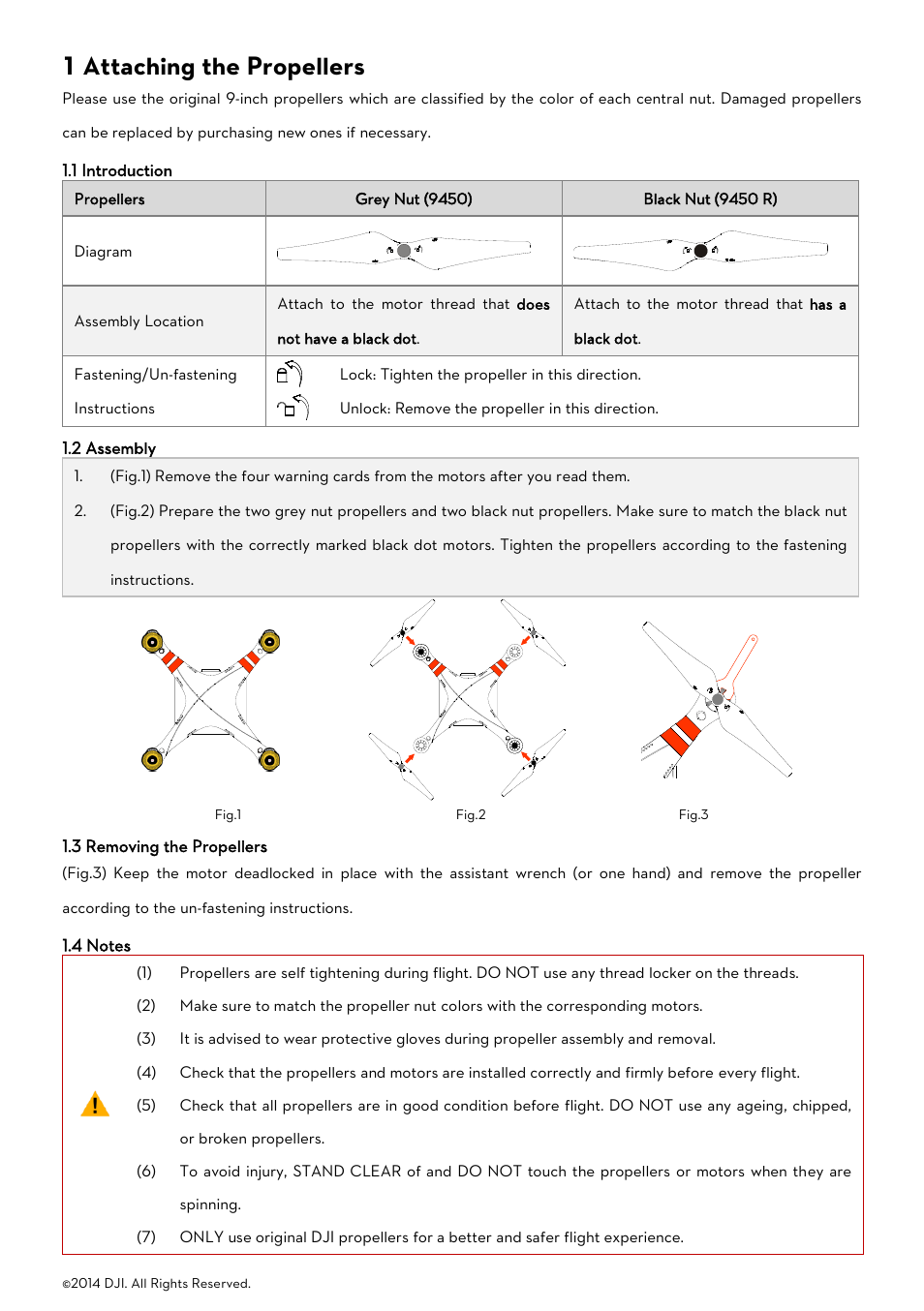 1 attaching the propellers, 1 introduction, 2 assembly | 3 removing the propellers, 4 notes, Ntroduction, Ssembly, Emoving the, Ropellers, Otes | DJI Phantom 2 Vision User Manual User Manual | Page 6 / 71