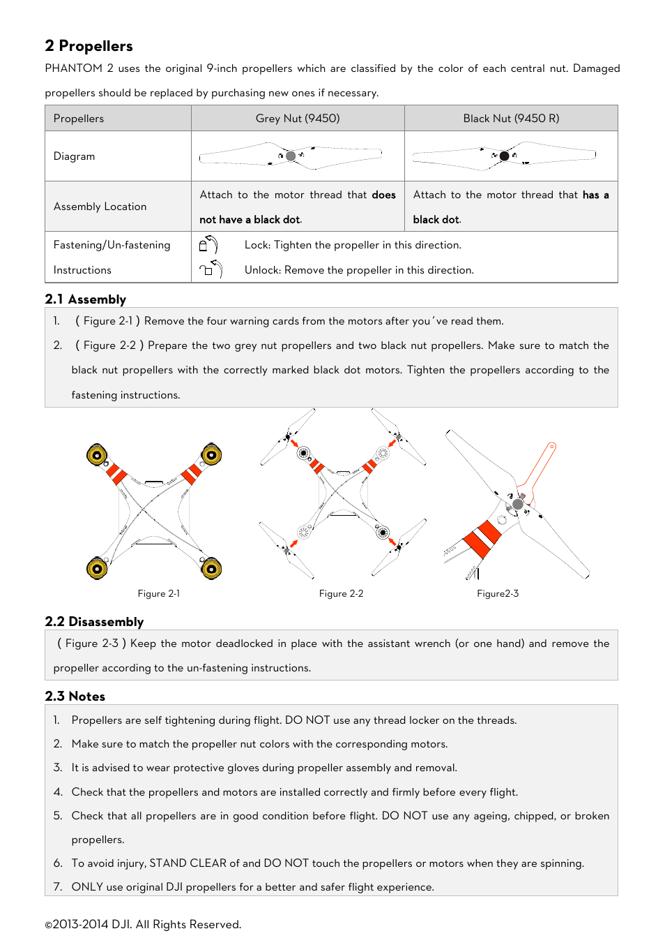 2 propellers, Ssembly, Isassembly | Otes | DJI Phantom 2 User Manual User Manual | Page 13 / 36