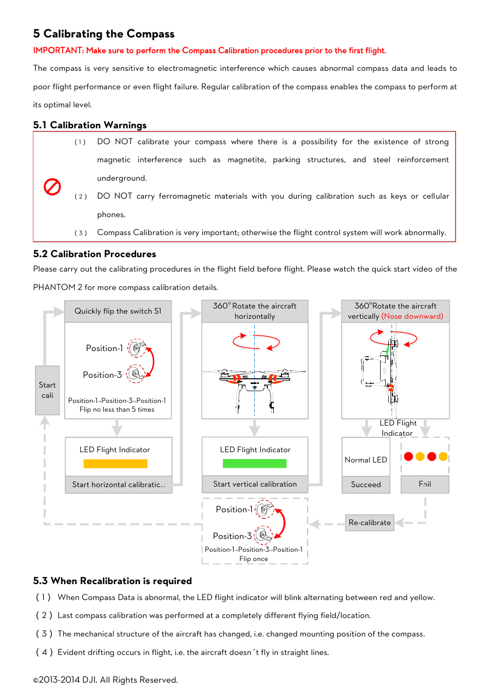 5 calibrating the compass, Alibration, Arnings | Rocedures, Ecalibration is required, 1 calibration warnings, 2 calibration procedures, 3 when recalibration is required | DJI Phantom 2 User Manual User Manual | Page 23 / 36