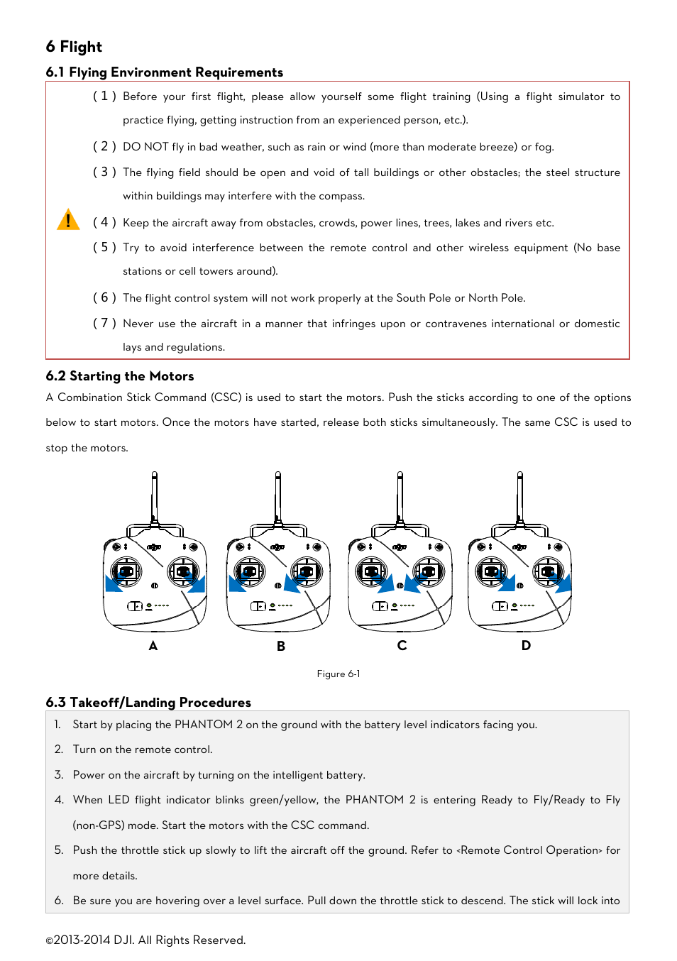 6 flight, Lying, Nvironment | Equirements, Tarting the, Otors, Akeoff, Anding, Rocedures | DJI Phantom 2 User Manual User Manual | Page 24 / 36