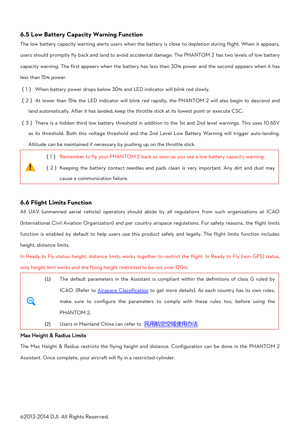 Attery, Apacity, Arning | Unction, Light, Imits, Max height & radius limits | DJI Phantom 2 User Manual User Manual | Page 27 / 36