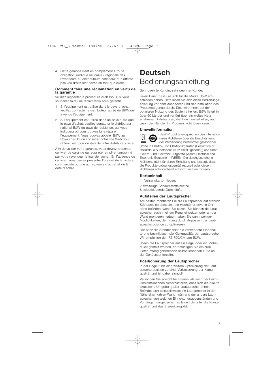 Deutsch bedienungsanleitung | Bowers & Wilkins CM1 User Manual | Page 10 / 52