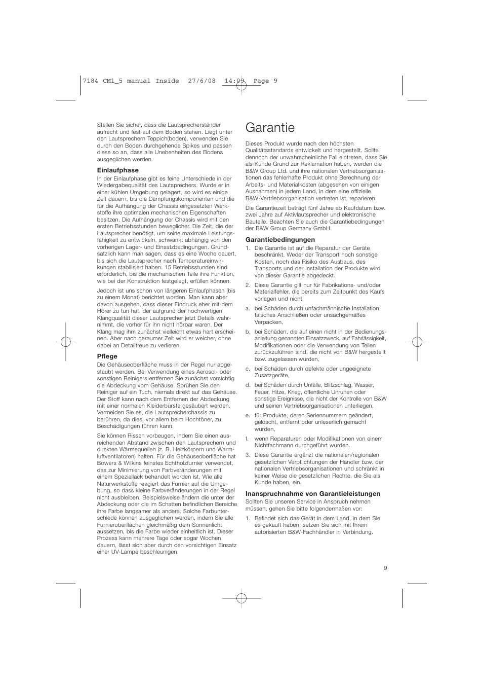 Garantie | Bowers & Wilkins CM1 User Manual | Page 12 / 52