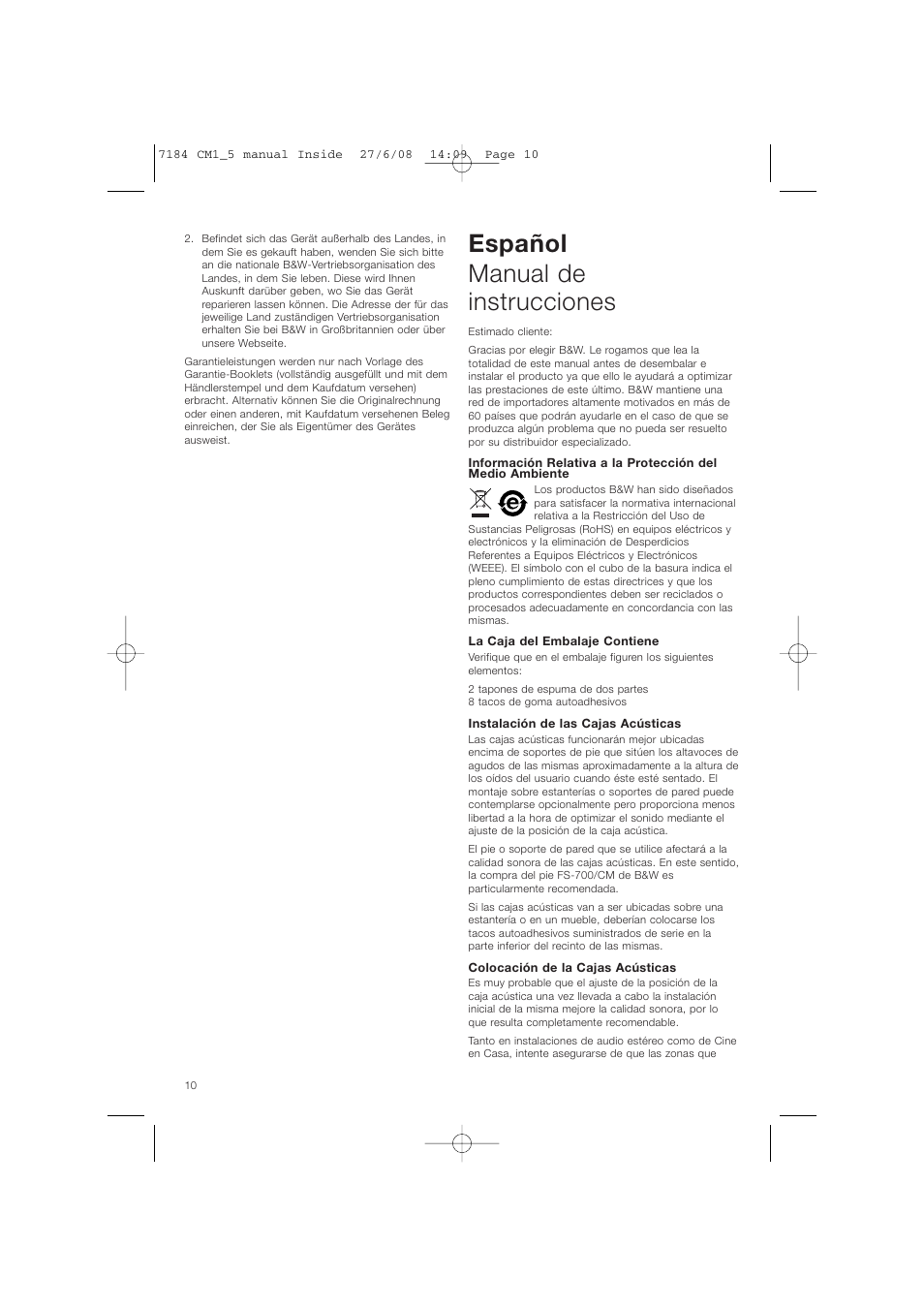 Español manual de instrucciones | Bowers & Wilkins CM1 User Manual | Page 13 / 52