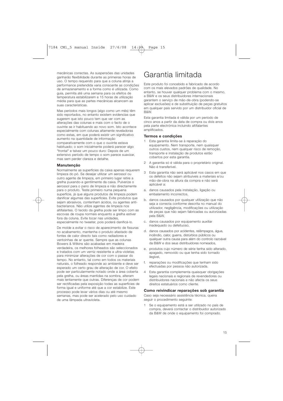 Garantia limitada | Bowers & Wilkins CM1 User Manual | Page 18 / 52