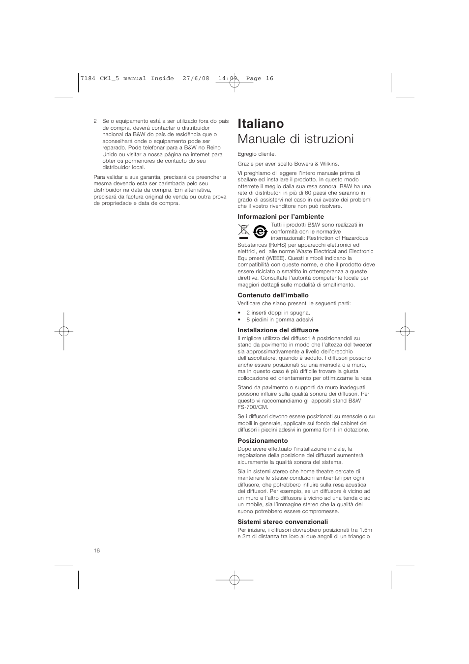 Italiano manuale di istruzioni | Bowers & Wilkins CM1 User Manual | Page 19 / 52
