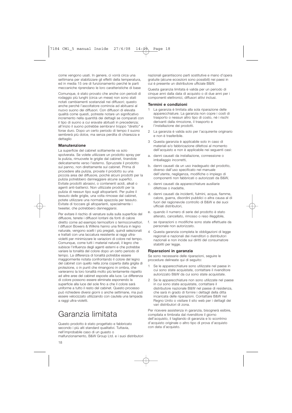 Garanzia limitata | Bowers & Wilkins CM1 User Manual | Page 21 / 52