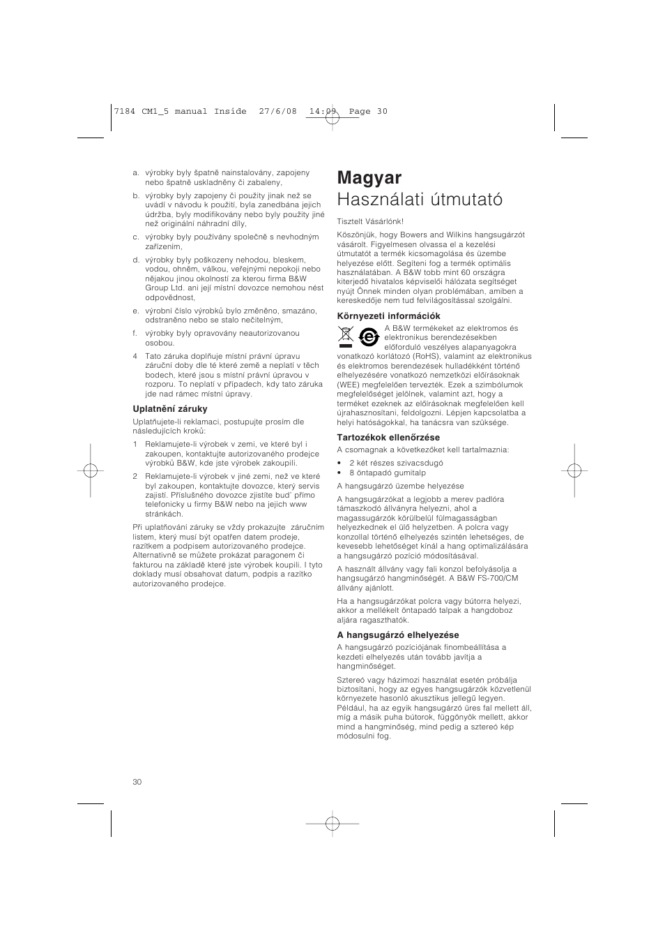 Magyar használati útmutató | Bowers & Wilkins CM1 User Manual | Page 33 / 52