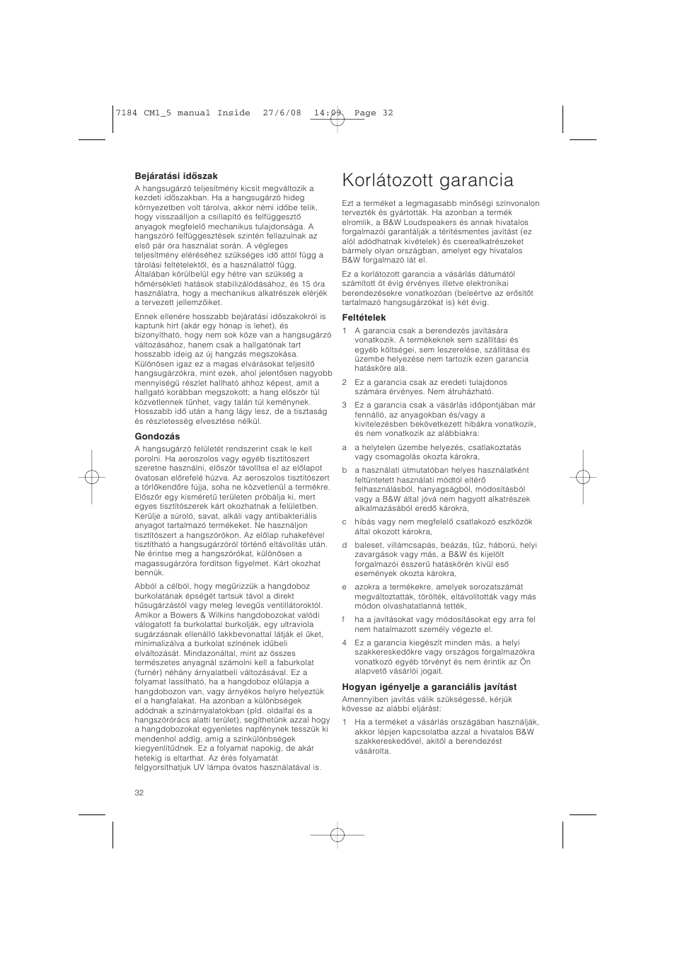 Korlátozott garancia | Bowers & Wilkins CM1 User Manual | Page 35 / 52