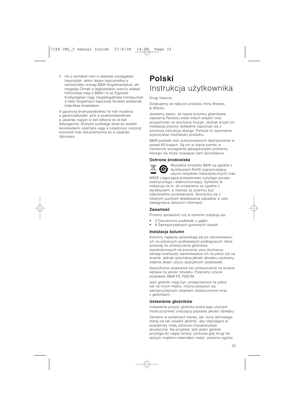 Polski instrukcja uãytkownika | Bowers & Wilkins CM1 User Manual | Page 36 / 52