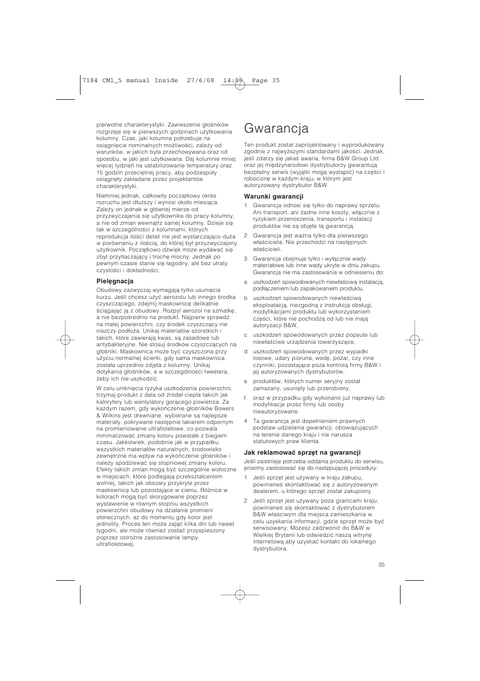 Gwarancja | Bowers & Wilkins CM1 User Manual | Page 38 / 52