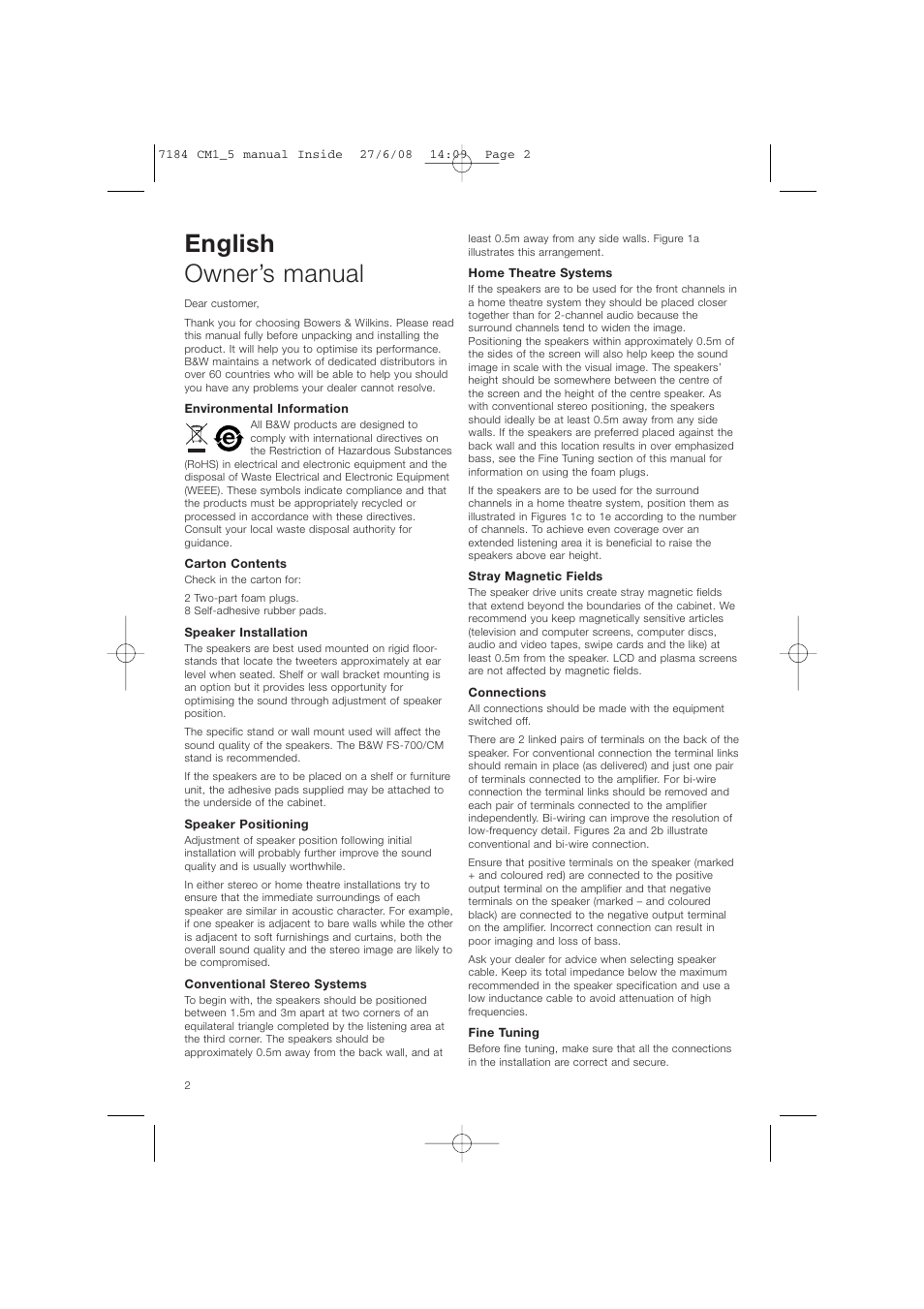 English owner’s manual | Bowers & Wilkins CM1 User Manual | Page 5 / 52