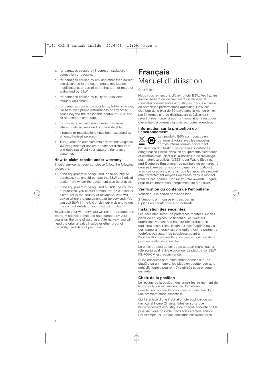 Français manuel d’utilisation | Bowers & Wilkins CM1 User Manual | Page 7 / 52
