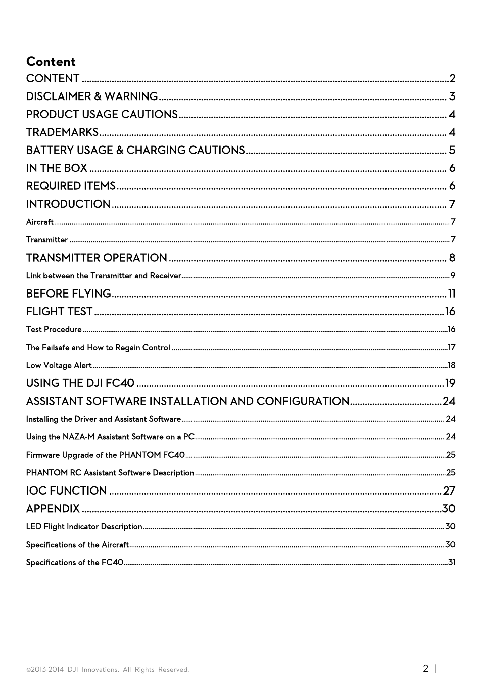 Content, Disclaimer & warning | DJI Phantom FC40 User Manual | Page 2 / 31