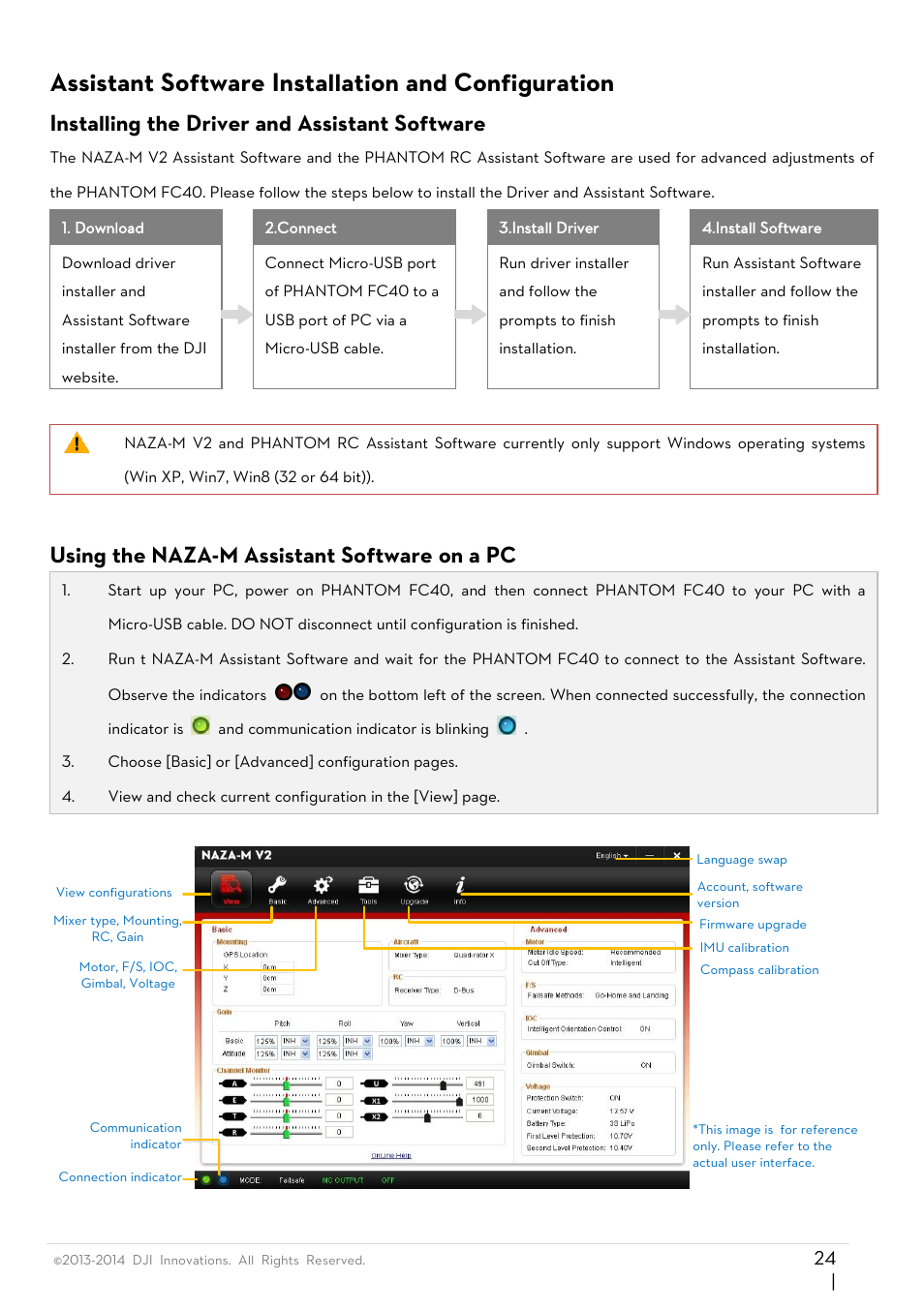 Assistant software installation and configuration, Installing the driver and assistant software, Using the naza-m assistant software on a pc | DJI Phantom FC40 User Manual | Page 24 / 31