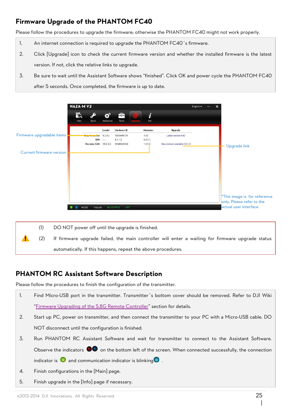 Firmware upgrade of the phantom fc40, Phantom rc assistant software description | DJI Phantom FC40 User Manual | Page 25 / 31