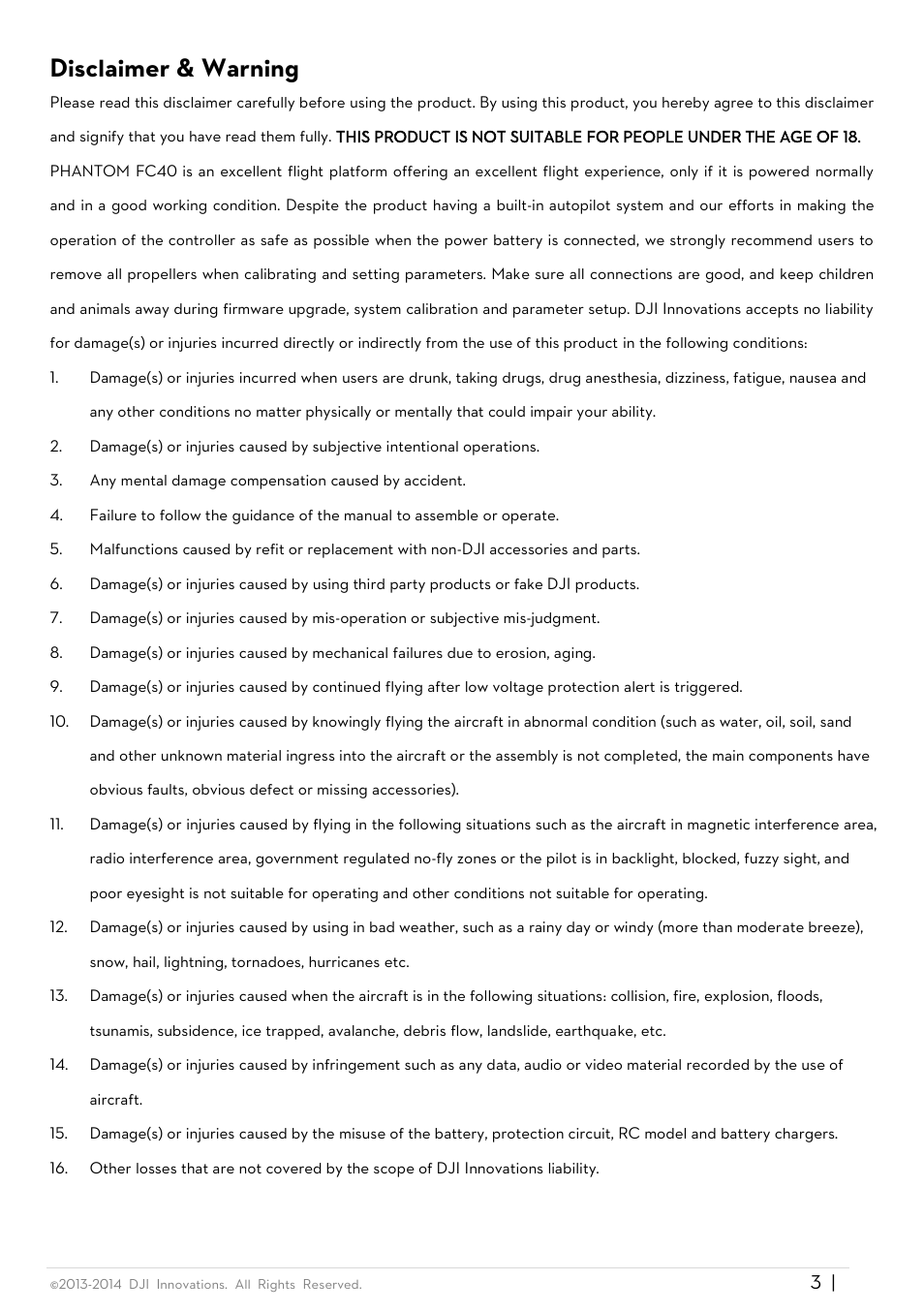 Disclaimer & warning | DJI Phantom FC40 User Manual | Page 3 / 31