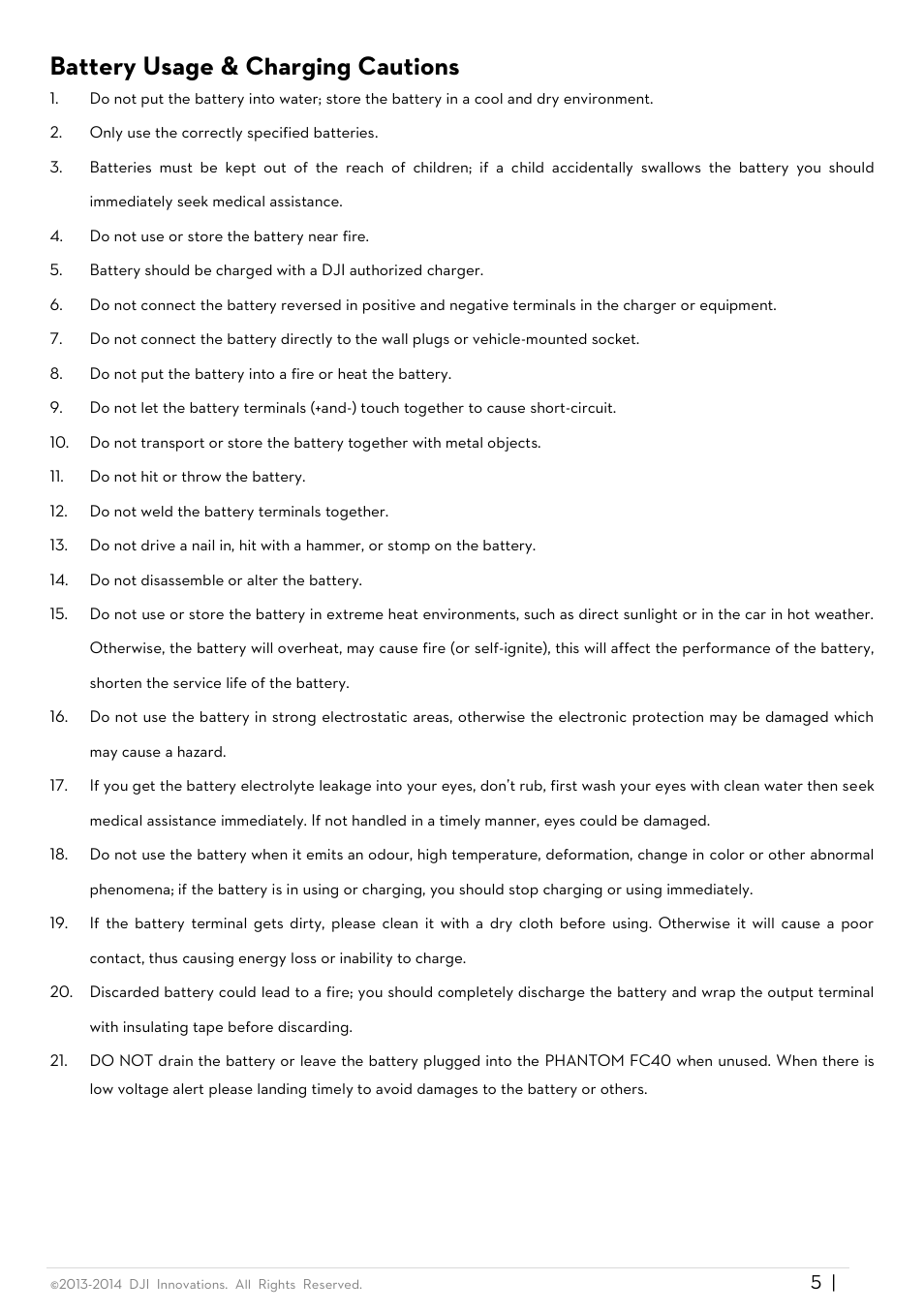 Battery usage & charging cautions | DJI Phantom FC40 User Manual | Page 5 / 31