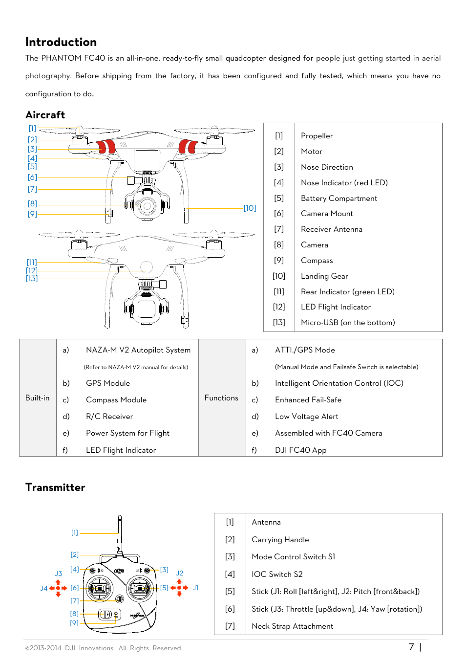 Introduction, Aircraft, Transmitter | DJI Phantom FC40 User Manual | Page 7 / 31