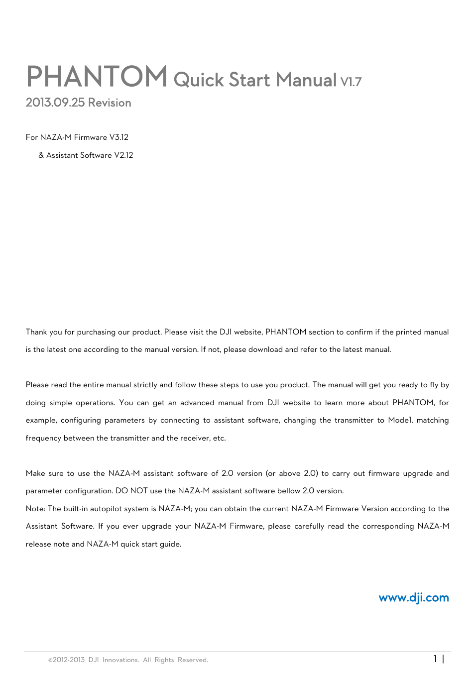 DJI Phantom Quick Start User Manual | 17 pages