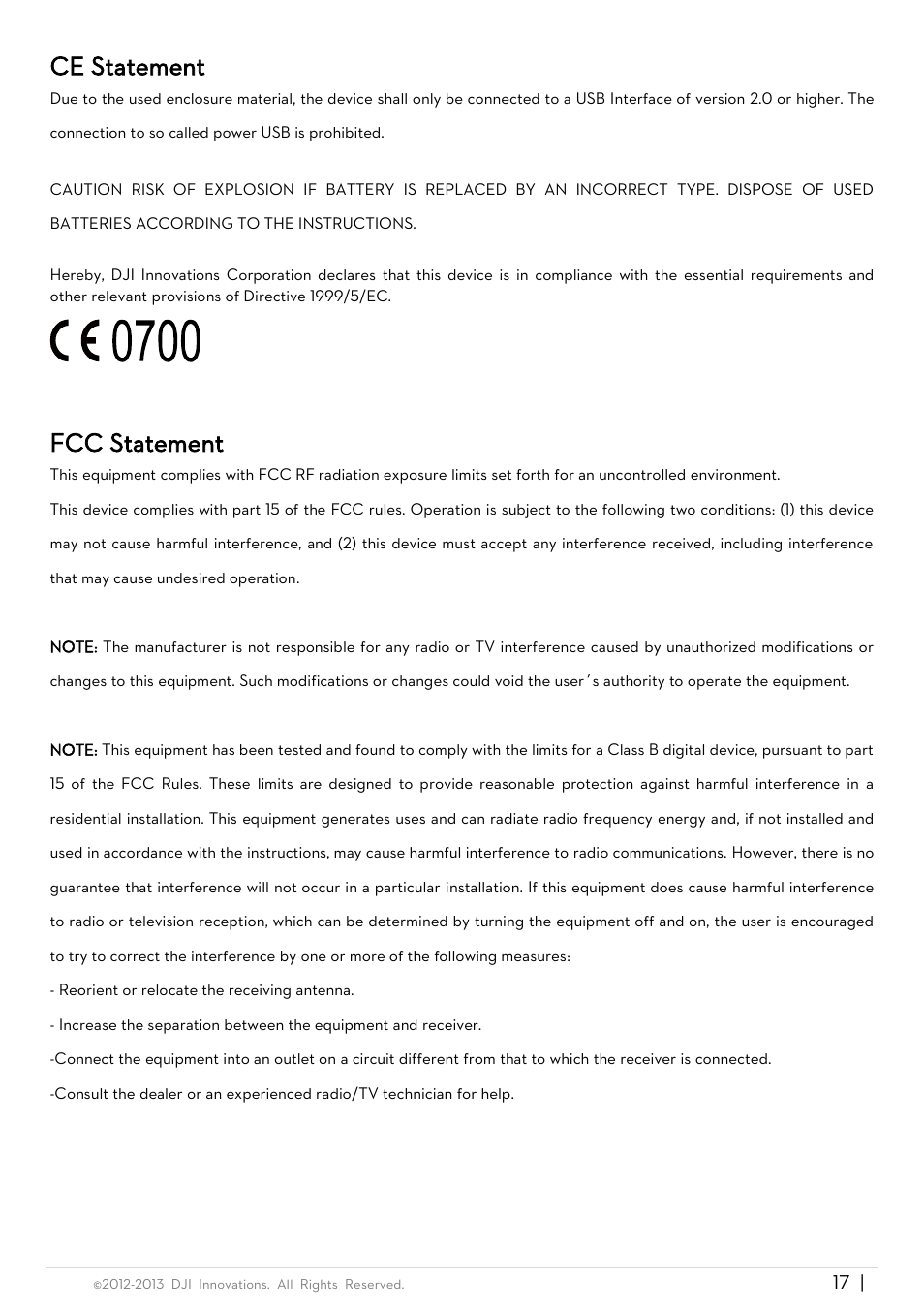 Ce statement, Fcc statement | DJI Phantom Quick Start User Manual | Page 17 / 17