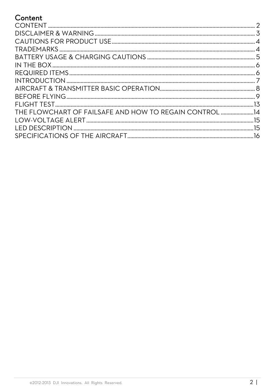 Content, Disclaimer & warning | DJI Phantom Quick Start User Manual | Page 2 / 17