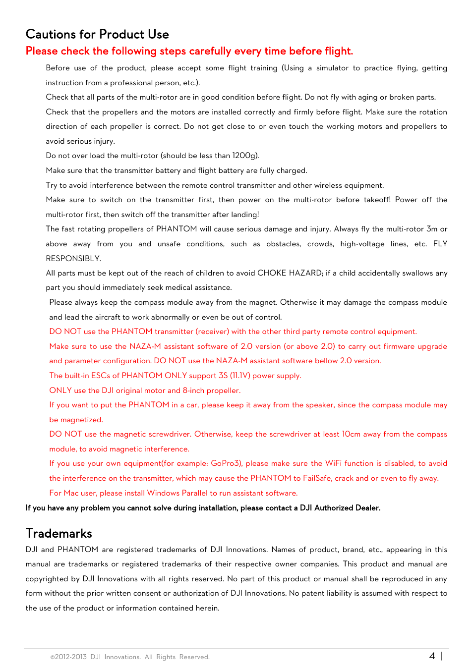 Cautions for product use, Trademarks, Cautions for product use trademarks | DJI Phantom Quick Start User Manual | Page 4 / 17