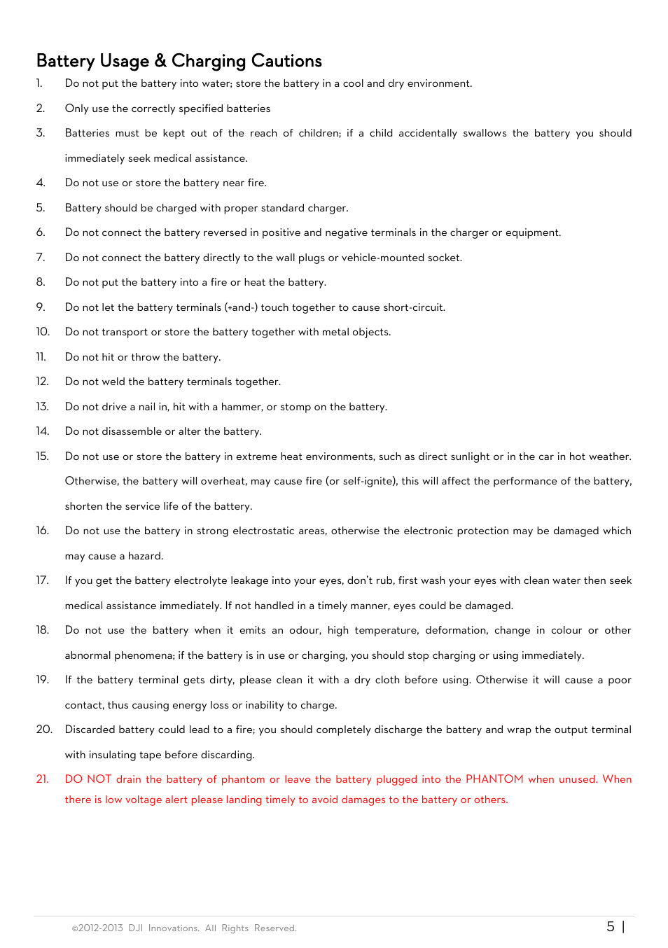 Battery usage & charging cautions | DJI Phantom Quick Start User Manual | Page 5 / 17