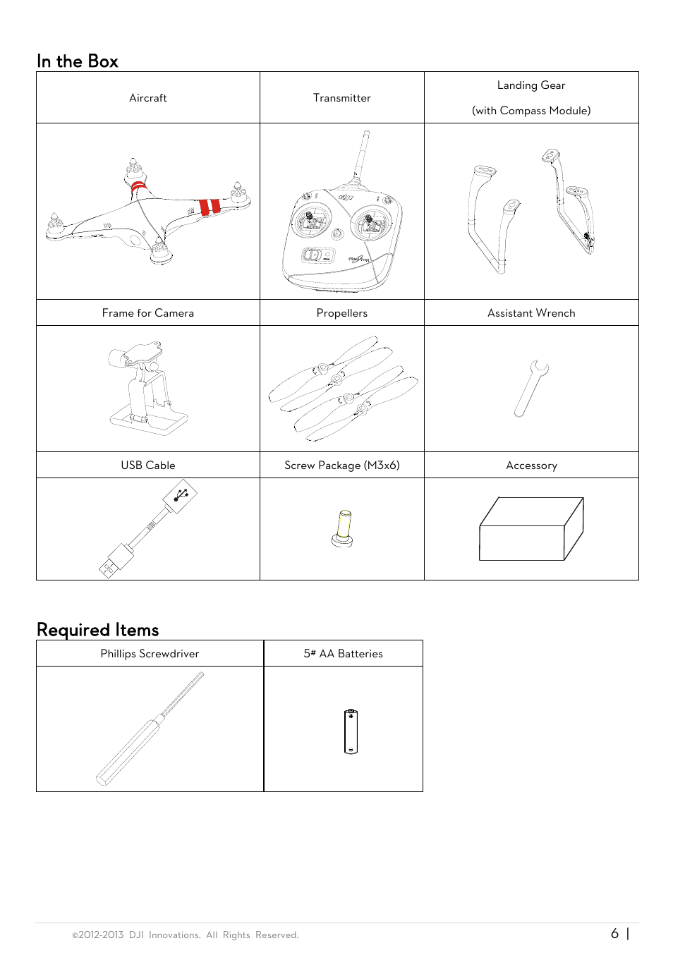 In the box, Required items, In the box required items | DJI Phantom Quick Start User Manual | Page 6 / 17