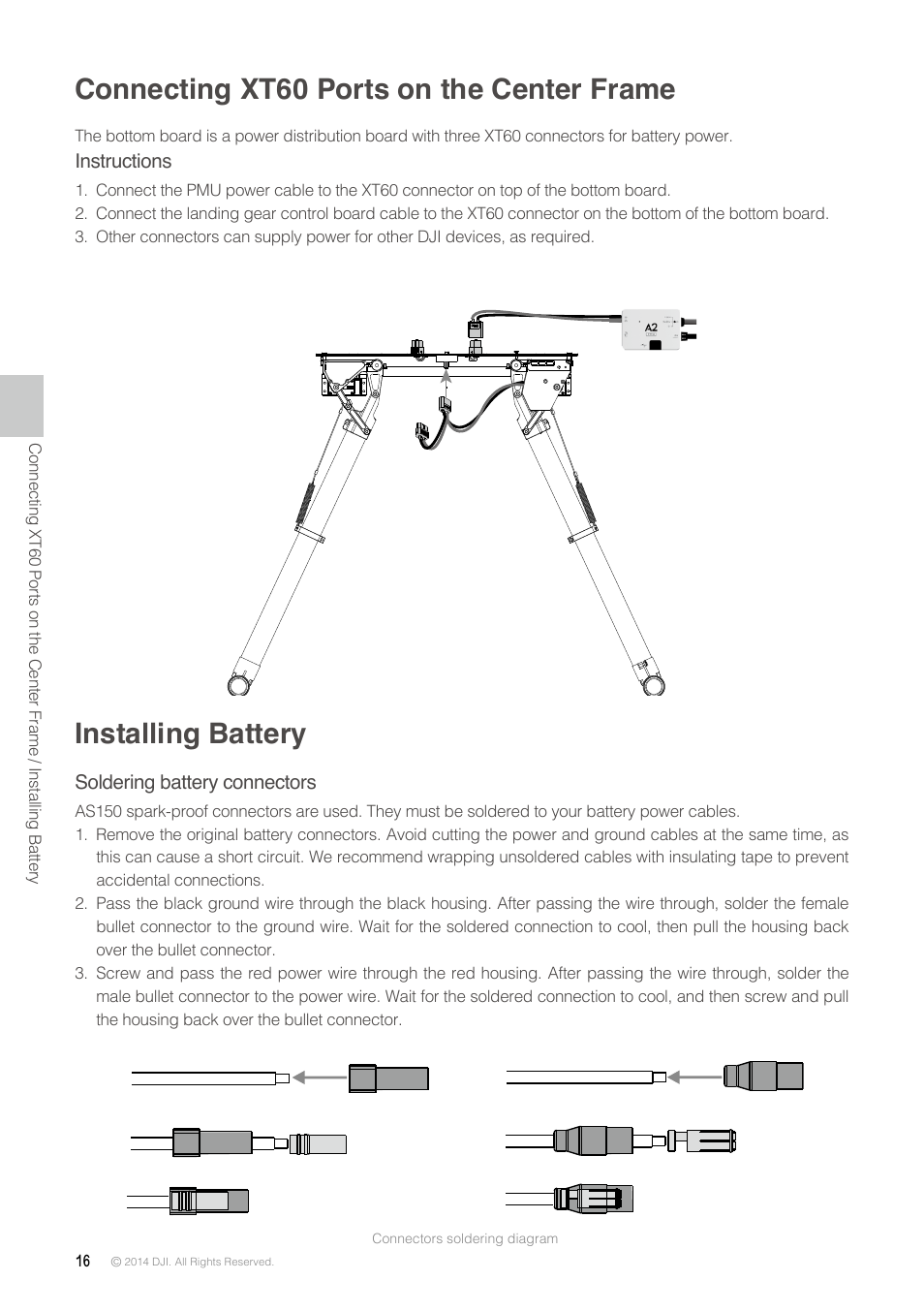 Connecting xt60 ports on the center frame, Installing battery | DJI S1000 Plus User Manual | Page 16 / 32