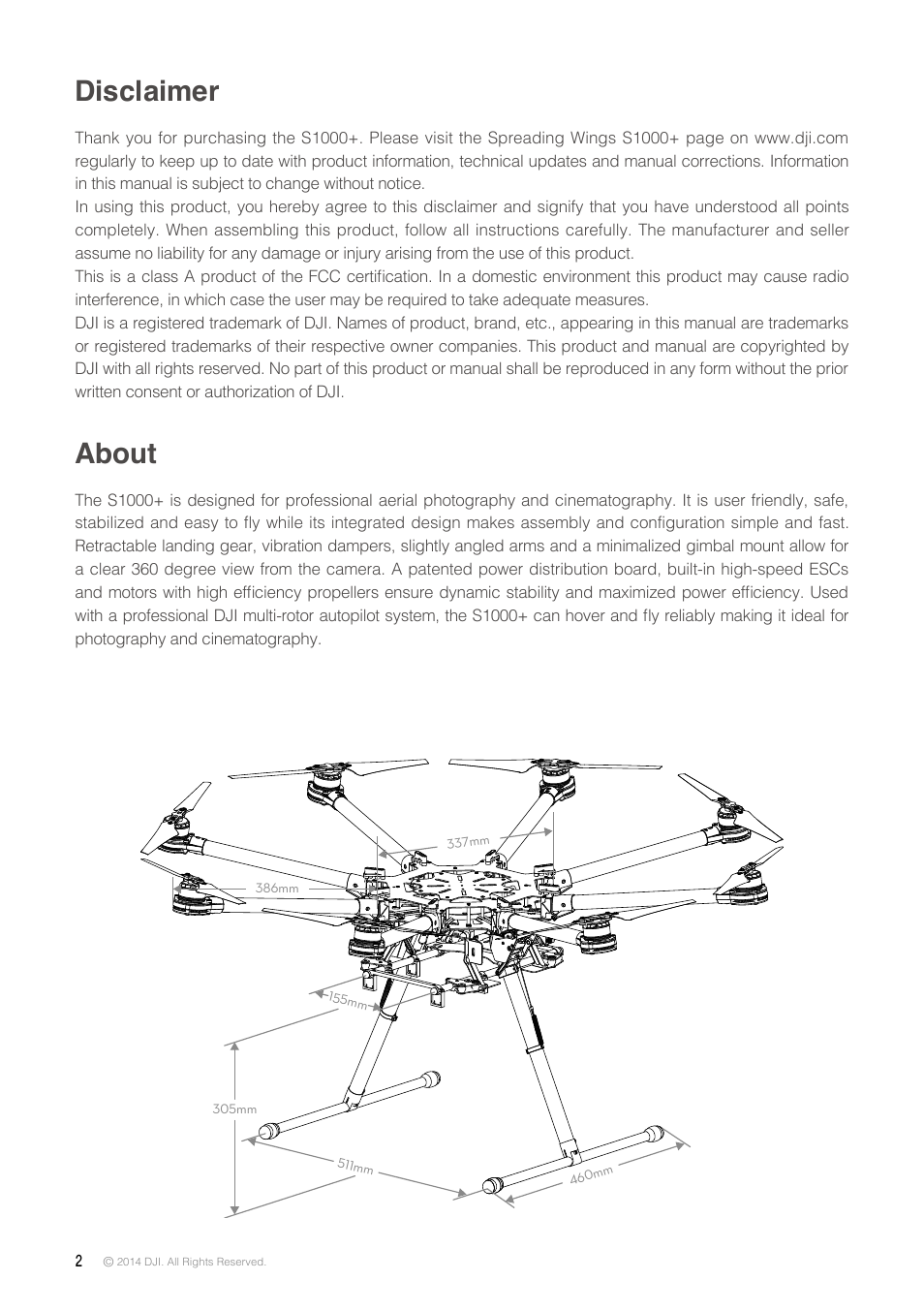 Disclaimer, About | DJI S1000 Plus User Manual | Page 2 / 32