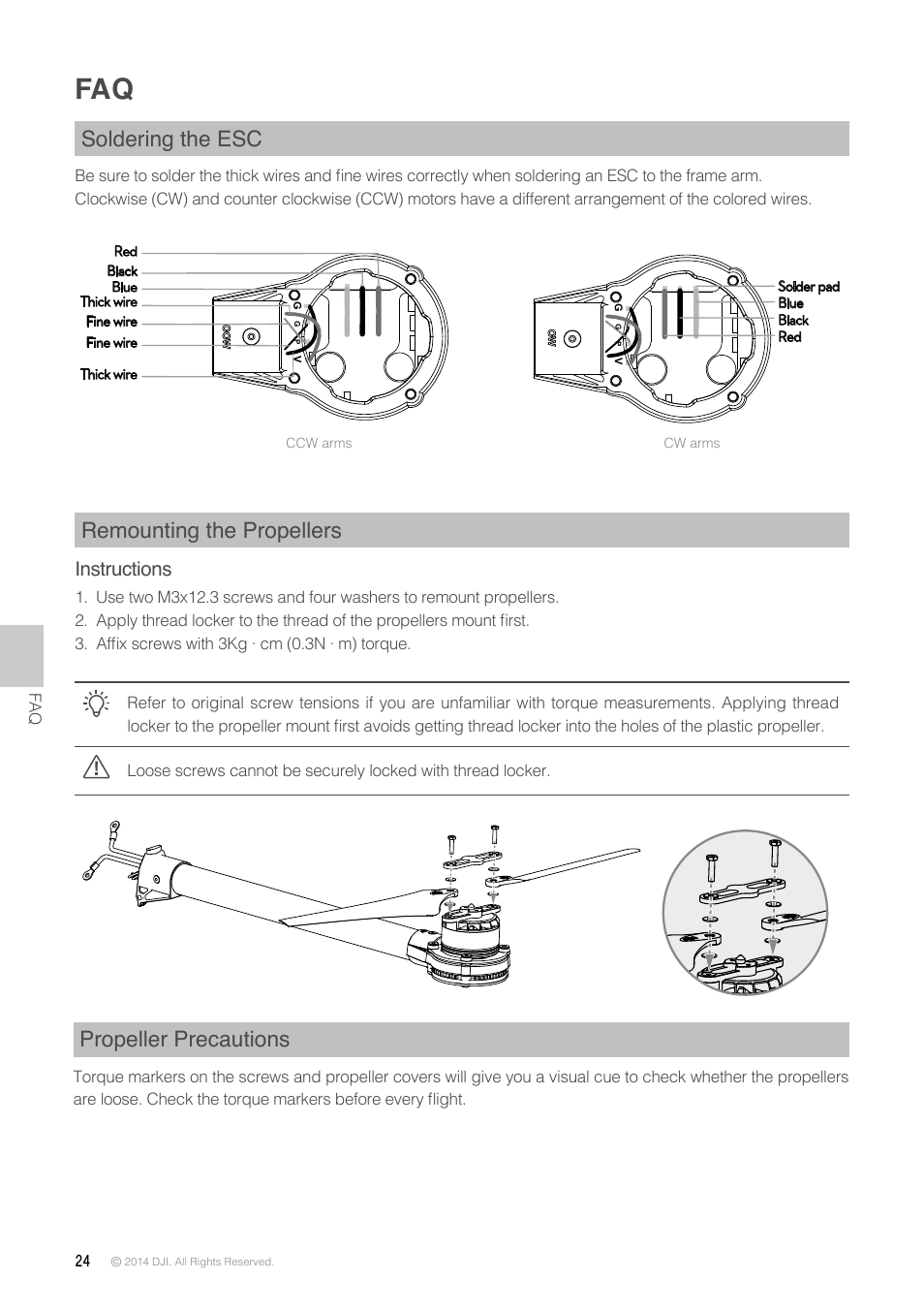 Soldering the esc, Remounting the propellers, Propeller precautions | Instructions | DJI S1000 Plus User Manual | Page 24 / 32