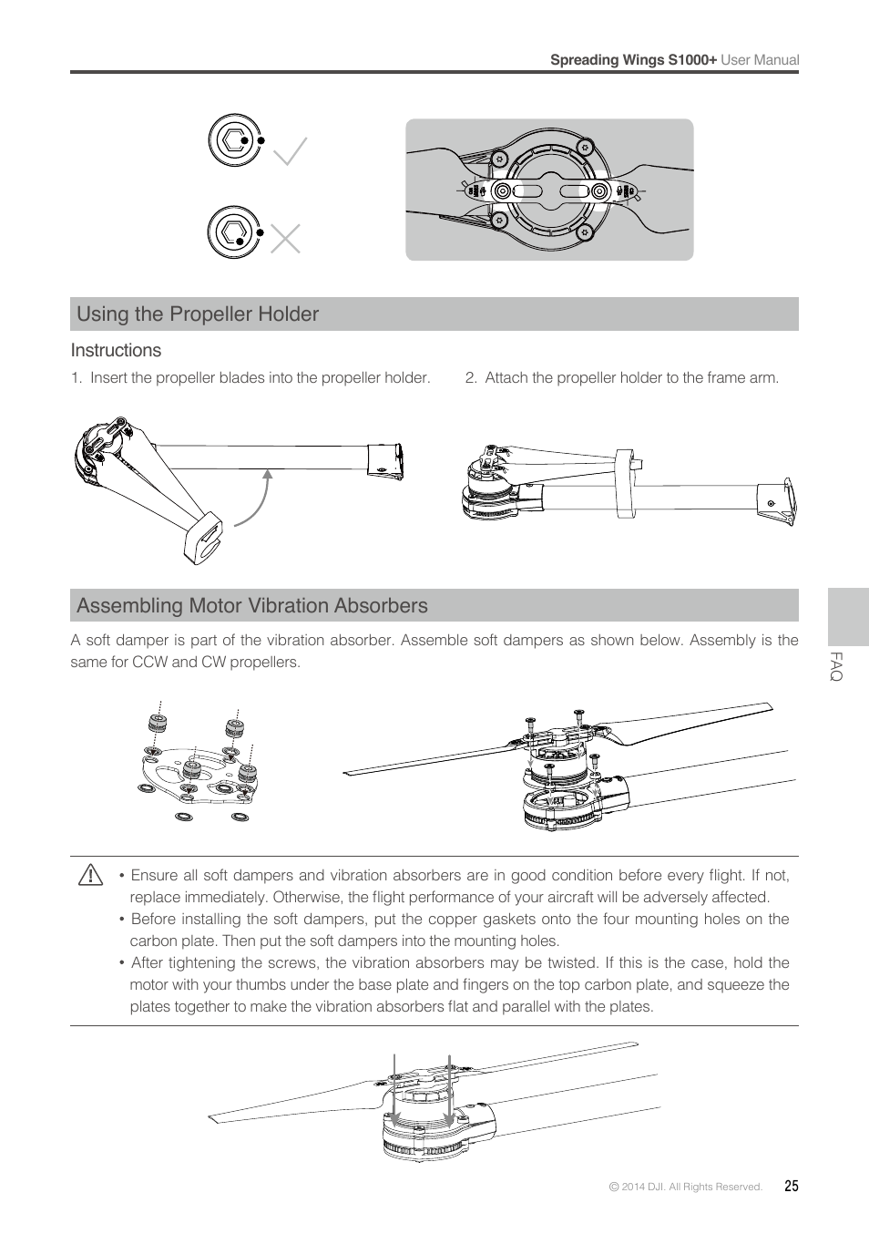 Using the propeller holder, Assembling motor vibration absorbers | DJI S1000 Plus User Manual | Page 25 / 32