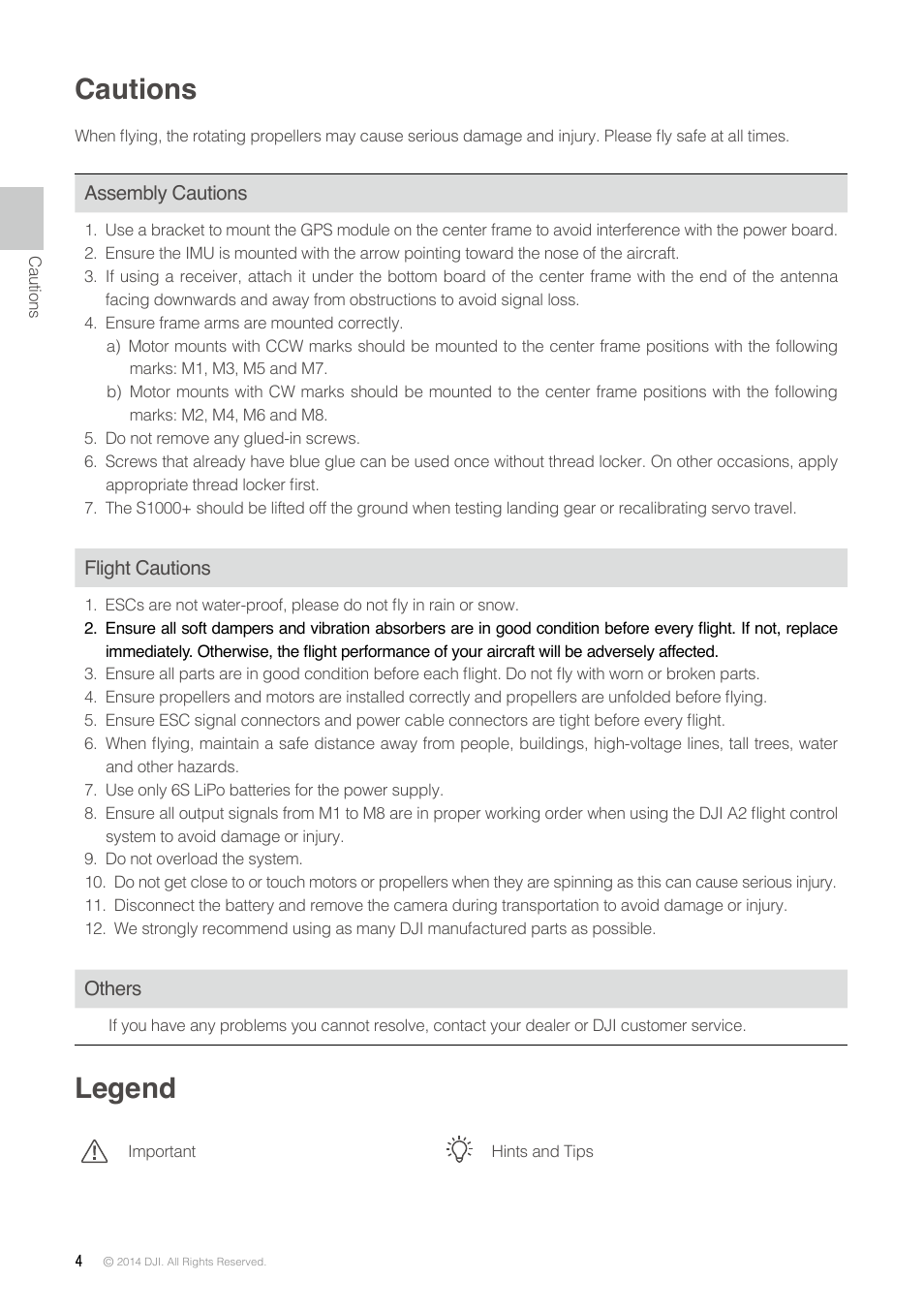 Cautions, Legend | DJI S1000 Plus User Manual | Page 4 / 32