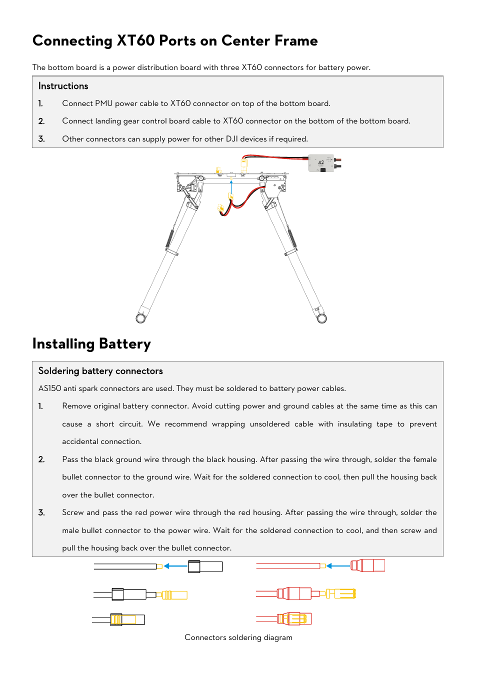 Connecting xt60 ports on center frame, Installing battery | DJI S1000 User Manual | Page 17 / 32