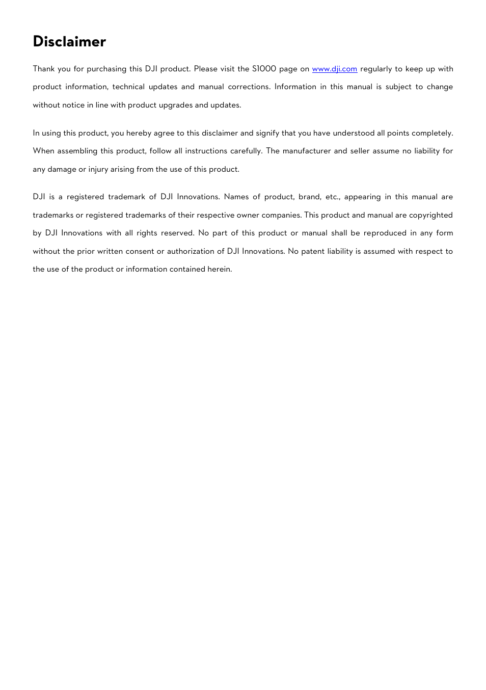 Disclaimer | DJI S1000 User Manual | Page 2 / 32