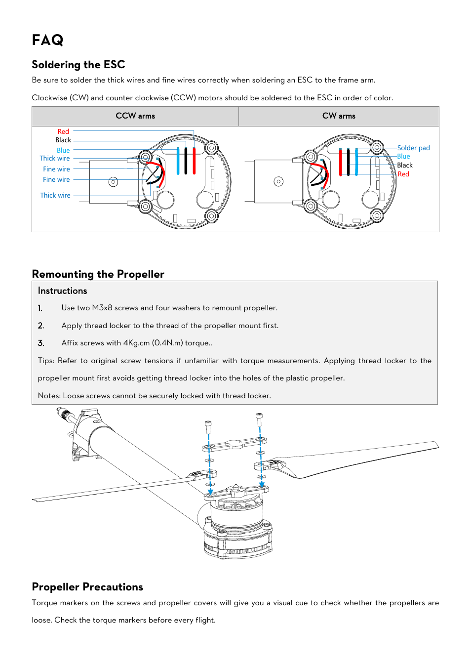 Soldering the esc, Remounting the propeller, Propeller precautions | Instructions | DJI S1000 User Manual | Page 25 / 32
