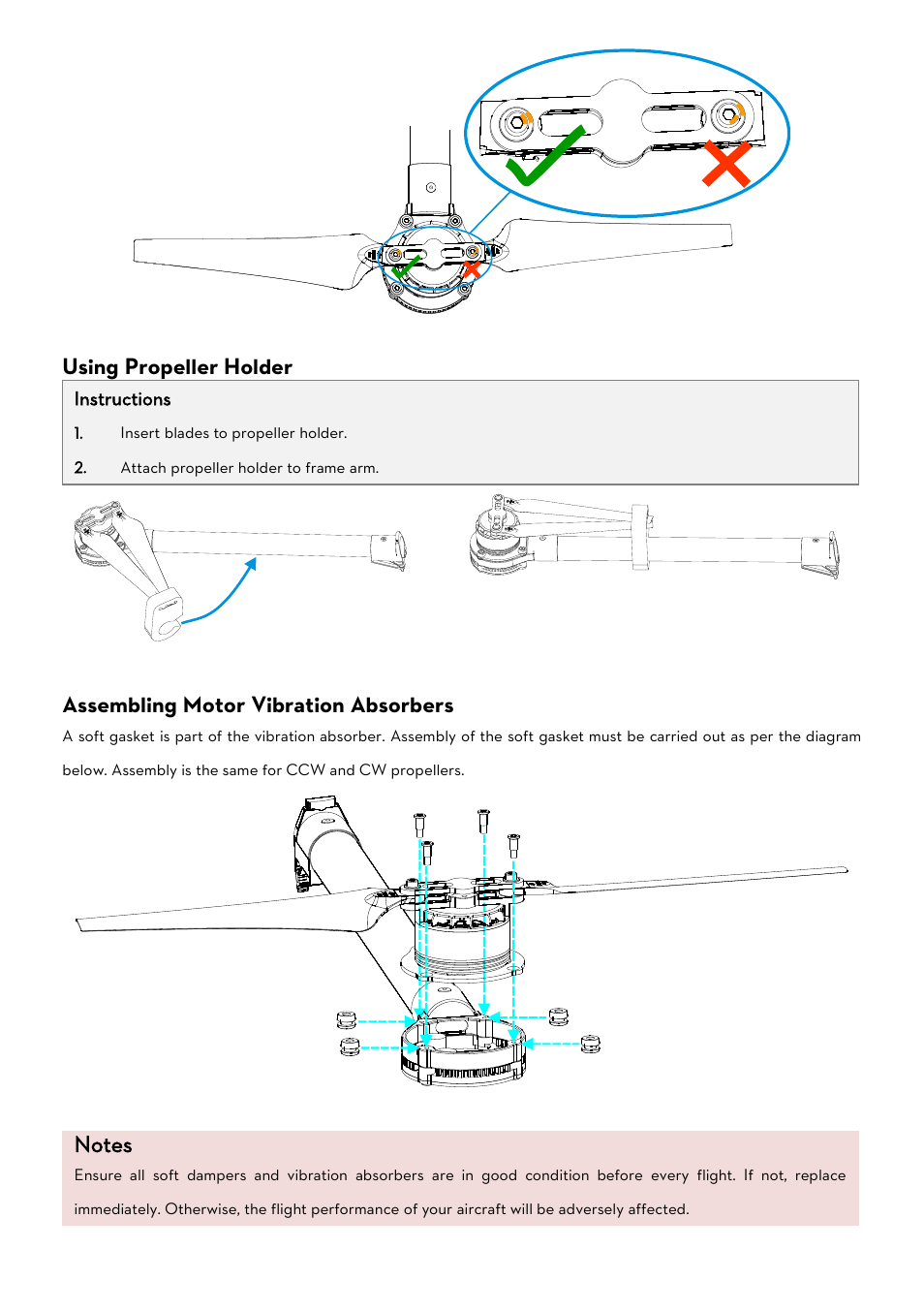 Using propeller holder, Assembling motor vibration absorbers | DJI S1000 User Manual | Page 26 / 32