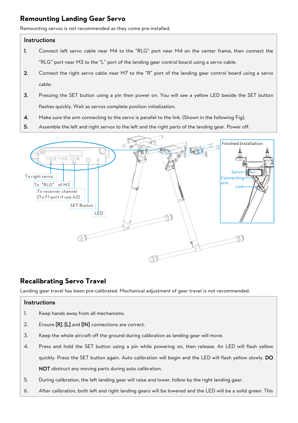 Remounting landing gear servo, Recalibrating servo travel, Instructions | DJI S1000 User Manual | Page 27 / 32