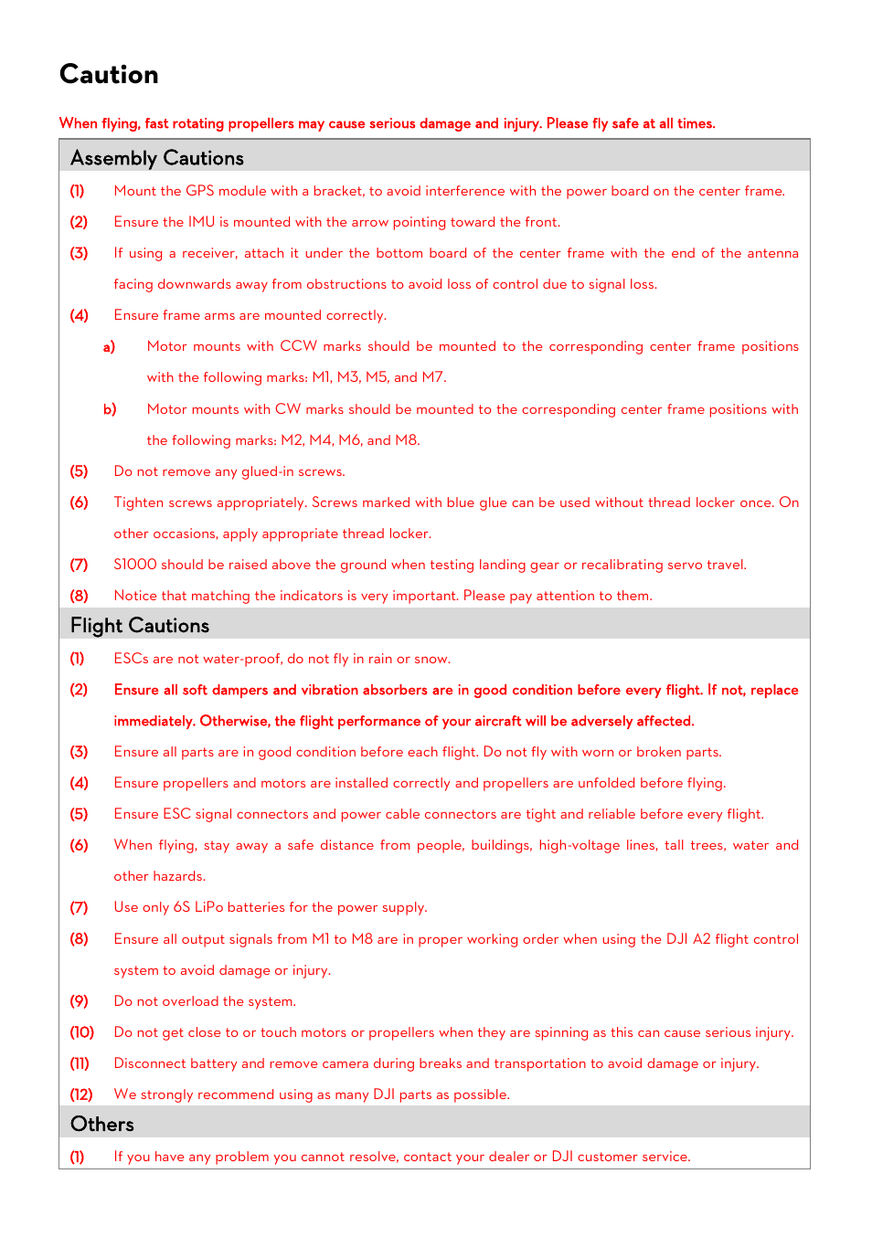 Caution, Assembly cautions, Flight cautions | Others | DJI S1000 User Manual | Page 5 / 32