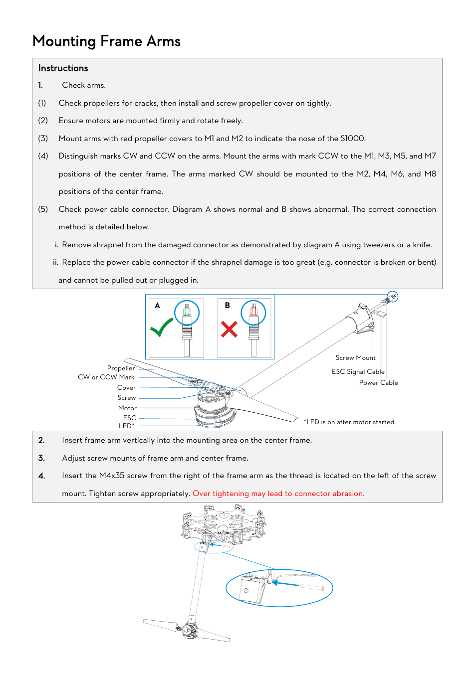 Mounting frame arms, Instructions | DJI S1000 User Manual | Page 8 / 32