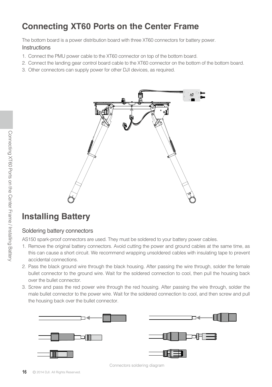 Connecting xt60 ports on the center frame, Installing battery | DJI S900 User Manual | Page 16 / 32