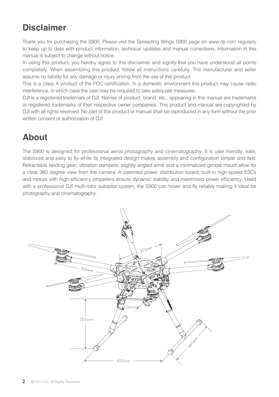 Disclaimer, About | DJI S900 User Manual | Page 2 / 32