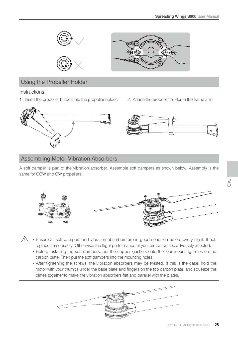 Using the propeller holder, Assembling motor vibration absorbers | DJI S900 User Manual | Page 25 / 32