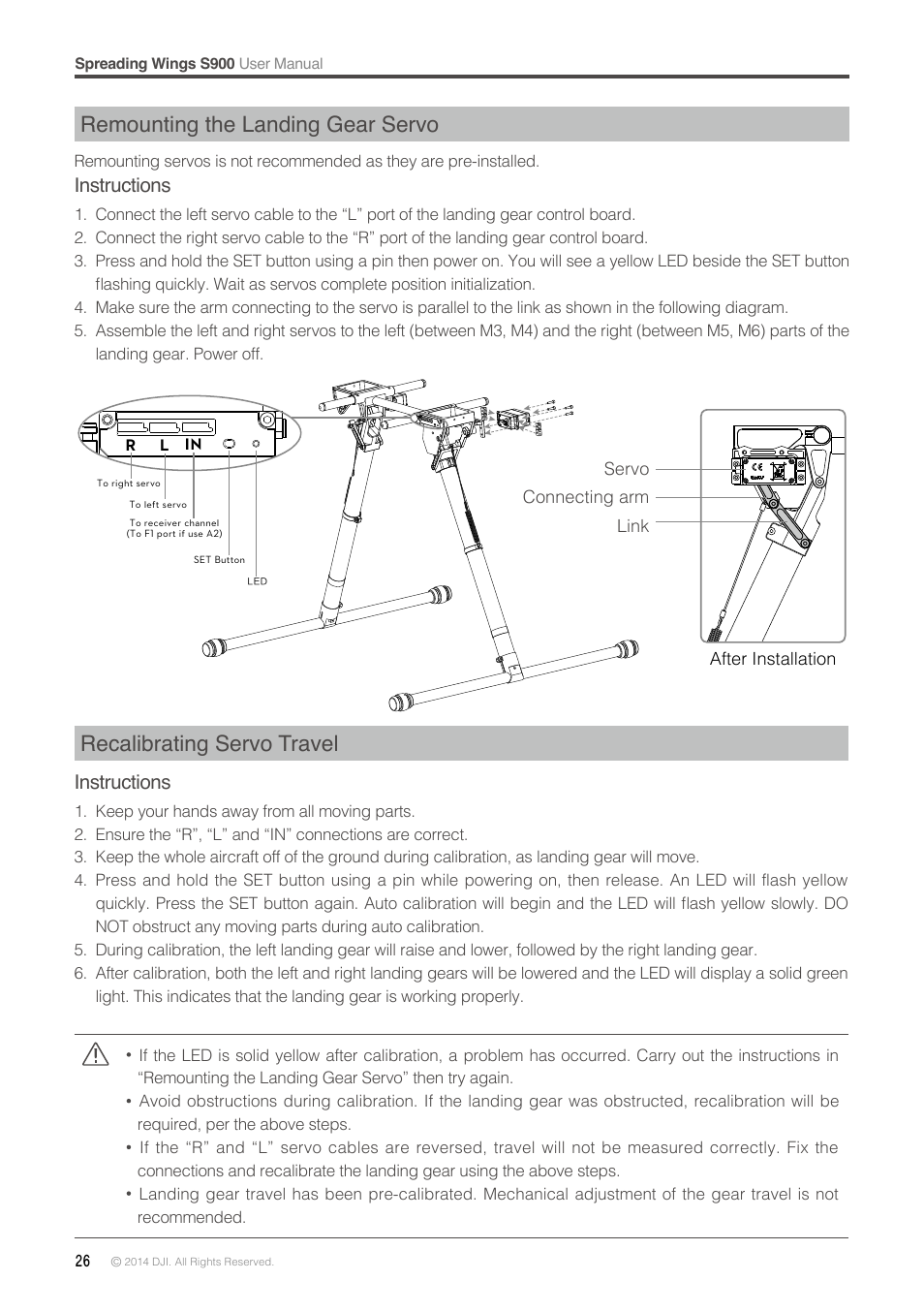 Remounting the landing gear servo, Recalibrating servo travel, Instructions | DJI S900 User Manual | Page 26 / 32